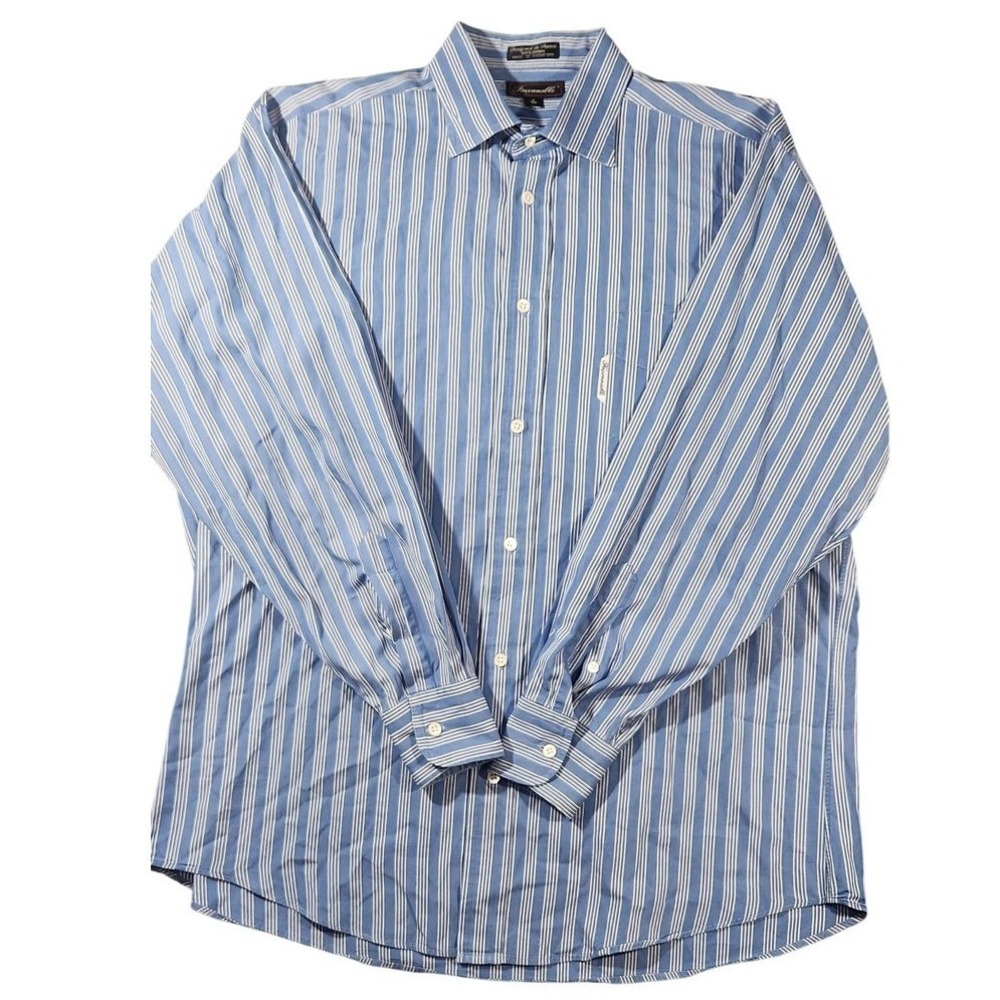 Façonnable Shirt Mens 15 32/33 Blue Stripe Cotton Button Front Long Sleeve Dress